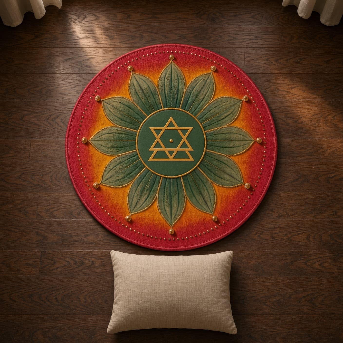 Anahata sit seat — round silk carpet, twelve green petals, gold star at the heart. Presence sit seat.