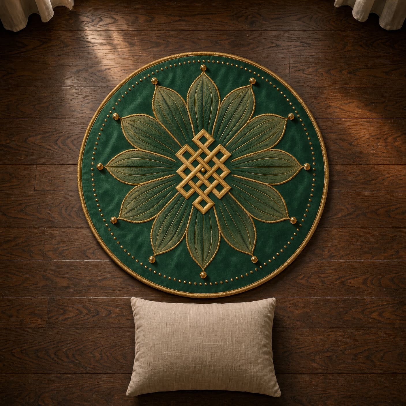 Shrivatsa sit seat — deep emerald field, twelve green Anahata petals, gold Tibetan endless knot center. Presence sit seat.